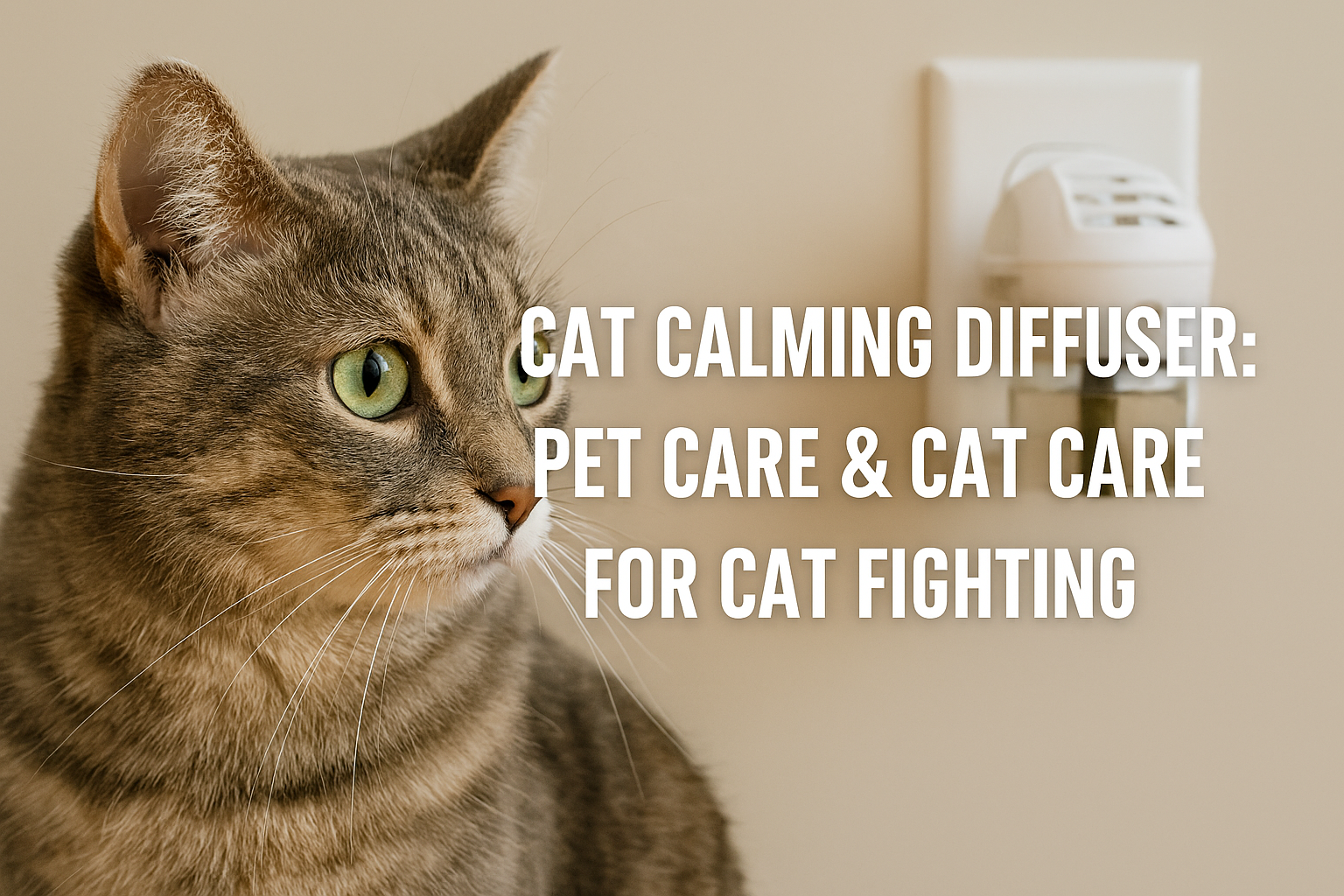 Tabby cat relaxing near a plugged-in cat calming diffuser in a home environment